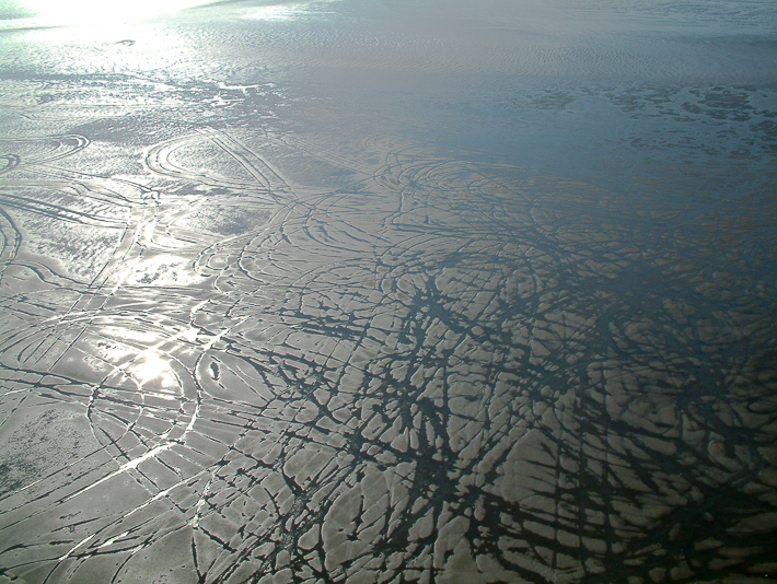 Luchtfoto van schade aan wadplaat door kokkelvisserij (2002)